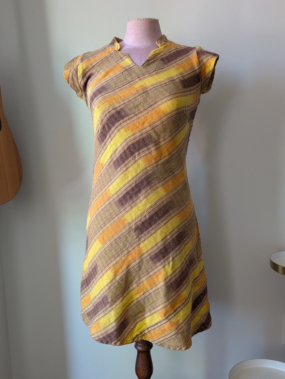 Bias Cut Cotton Shift Shirt Dress Stripes M Short Sleeves Fitted
